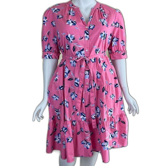 Draper James Women's Size 2X Pink Floral Button Front Tiered Midi Dress Preppy - Picture 1 of 14